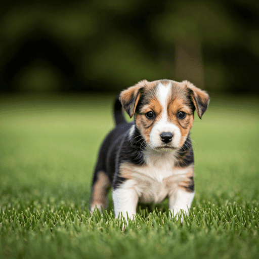Small puppy looking at camera on grass